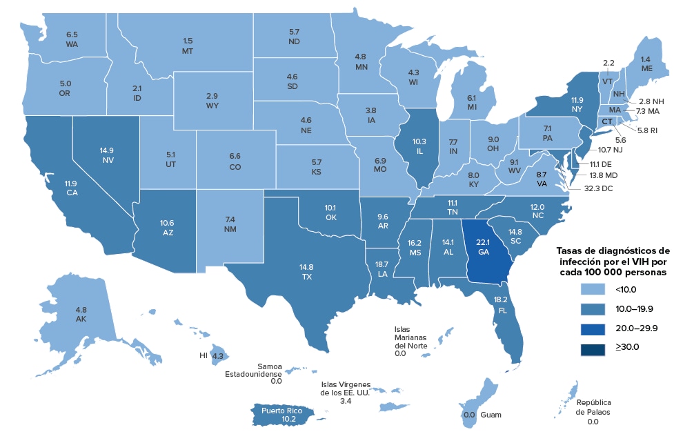 La imagen muestra las tasas de diagnósticos nuevos de infección por el VIH en los EE. UU. por estado en el 2020.