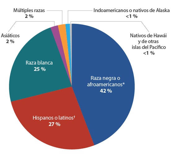 Este gráfico circular muestra la cantidad de diagnósticos de infección por el VIH en los Estados Unidos y áreas dependientes en el 2018 por raza o grupo étnico. Las personas de raza negra o afroamericanas conformaron el 42 percent de los diagnósticos nuevos de infección por el VIH; las hispanas o latinas, el 27 percent; las de raza blanca, el 25 percent; las asiáticas, el 2 percent; las de múltiples razas, el 2 percent; las indoamericanas o nativas de Alaska, menos del 1 percent; y las nativas de Hawái y de otras islas del Pacífico conformaron menos del 1 percent de los diagnósticos nuevos.