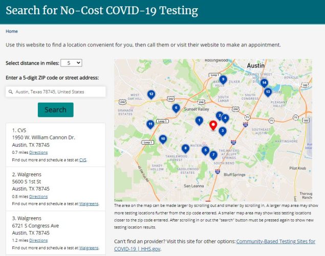 Una pantallazo que dice "Busque pruebas de COVID-19 sin costo" Un mapa y una lista de sitios de pruebas de COVID-19.