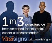 1 in 3 adults has not been screened for colorectal cancer as recommended. CDC Vital Signs