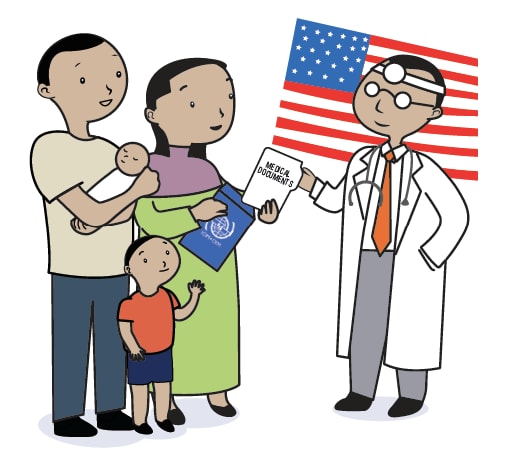 doctor speaking to refugee family