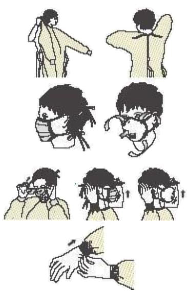 Illustration of safe donning of personal protective equipment (PPE) described in the text.