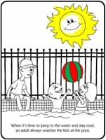 Coloring book page illustrating pool safety