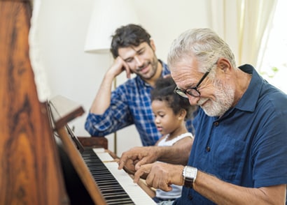 An image of a grandfather playing a piano duet with his granddaughter while the father looks on