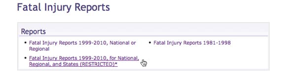Image: Screen capture showing Fatal Injury Report date range options.