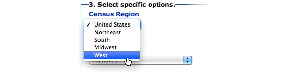 Image: Screen capture showing Report option 3, Census Region. The option of West region is selected.