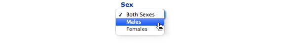 Image: Screen capture showing options for Sex, Males selected.