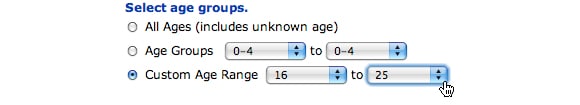 Image: Screen capture showing options for Age Groups. Custom age range of 16 to 25 is selected.