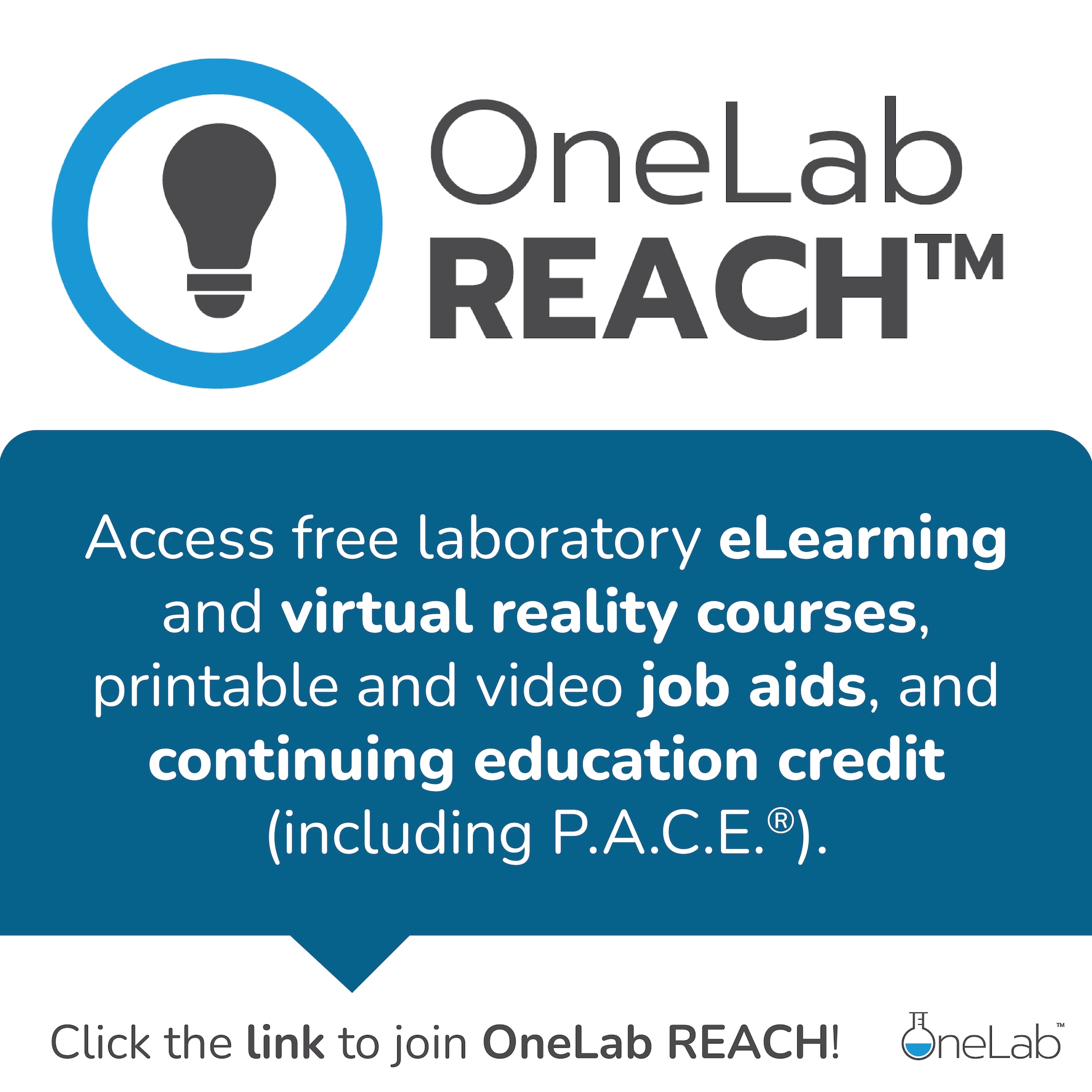 Blue, black, and green text graphic with call to action for users to click the link to join OneLab REACH.