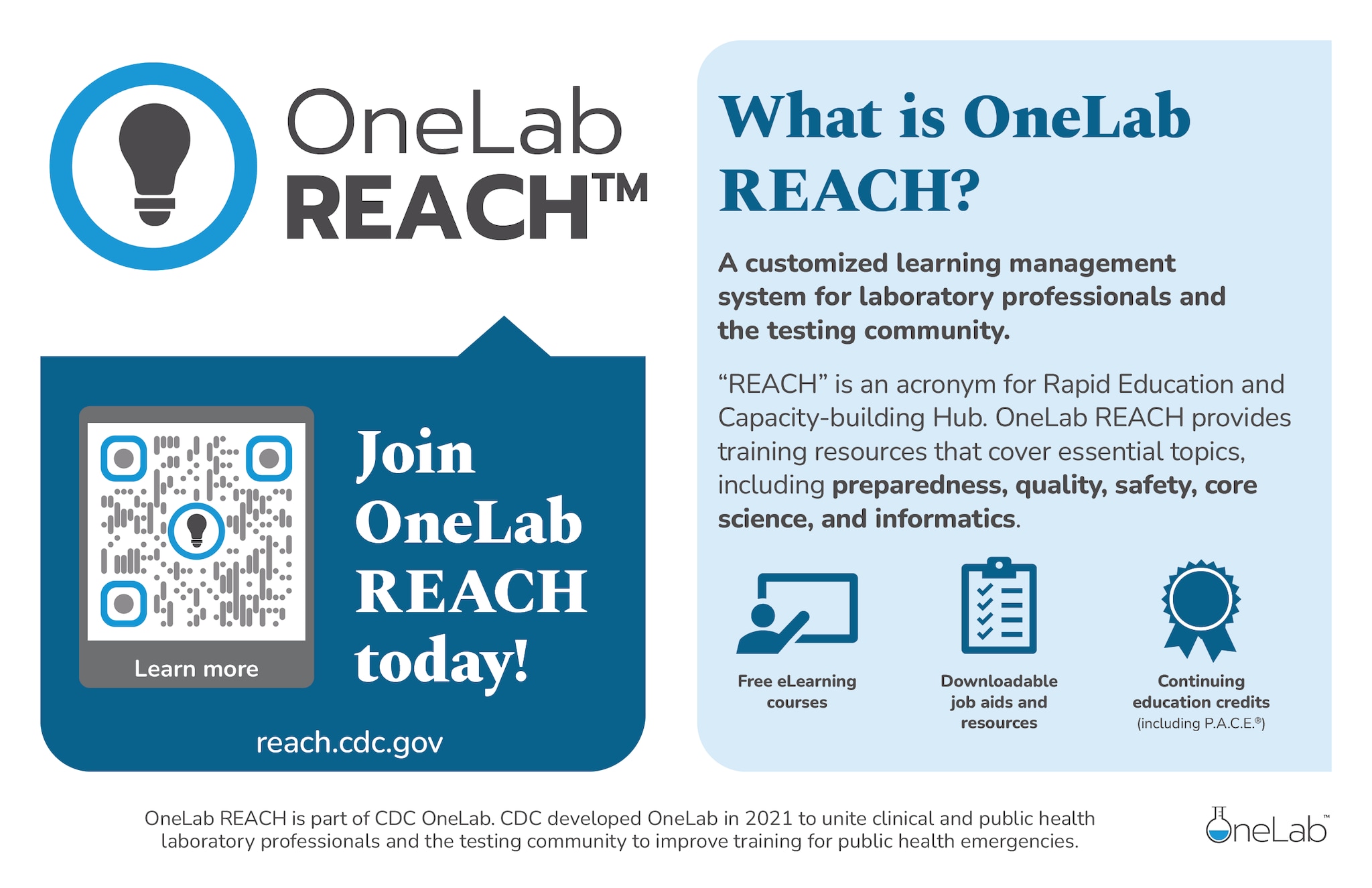 Blue, black, and green text graphic with call to action for users to join OneLab REACH.