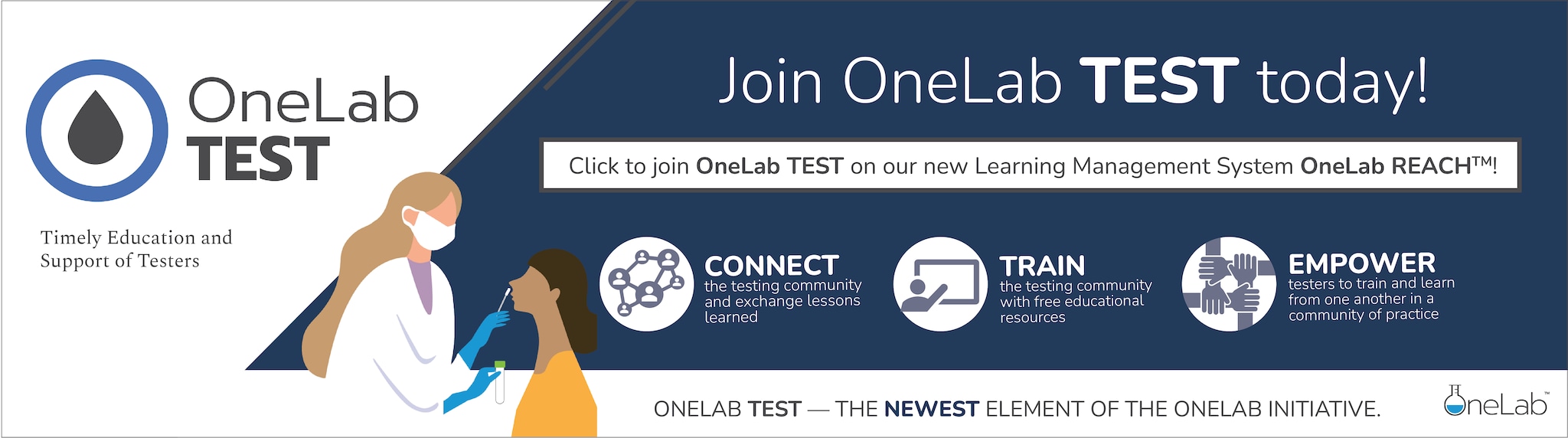 Banner image advertising the new OneLab REACH system with man holding pen & notepad and OneLab logo.