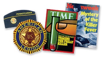Montaje de imágenes, incluido el sello del estado de Pensilvania y las portadas de las revistas Time y Newsweek