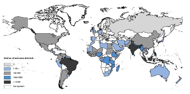 Map of Geographical Distribution of New Cases of Hansen’s Disease Reported to WHO in 2015