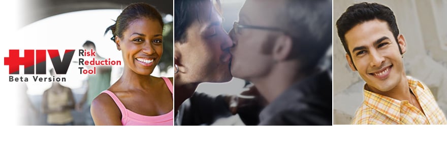HIV Risk Reduction Tool logo, Images of friendly African American woman; two men and young Latino man smiling