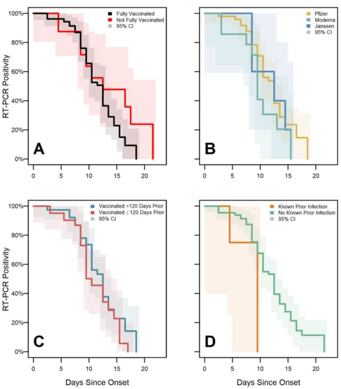 Graphs showing PCR test positivity survival curves