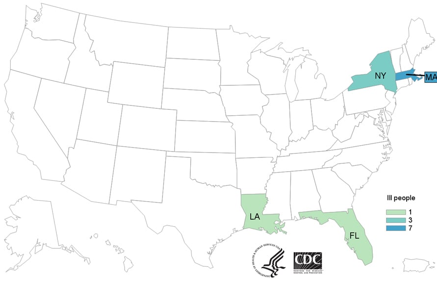 Map of United States - People infected with the outbreak strain of Listeria, by state of residence, as of January 28, 2021.