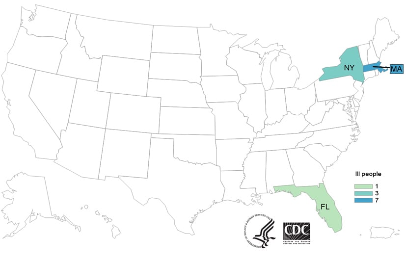 Map of United States - People infected with the outbreak strain of Listeria, by state of residence, as of November 30, 2020.