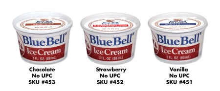 Blue Bell ice cream cups. Chocolate No UPC SKU #453, Strawberry No UPC SKU #452, Vanilla No UPC SKU #451