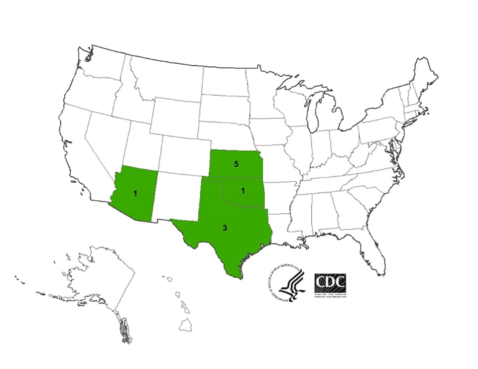 Map of persons infected with the outbreak strains of Listeria monocytogenes, by state of residence, as of June 9, 2015 (n=10)