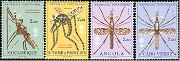 4 stamps showing mosquitoes, from Mozambique, S Tome and Principe, Angola, and Cabo Verde