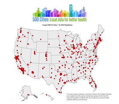 Infographic showing US map with dots depicting the 500 largest cities based on 2010 population