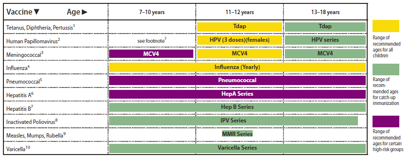 The figure shows the recommended immunization schedule for 2011 for persons aged 7 through 18 years in the United States