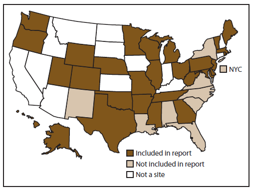 This figure is a map of the United States. The 29 states that collected Pregnancy Risk 
Assessment Monitoring System (PRAMS) data in 2009 and achieved a weighted response rate of at least 
65% are shaded in dark brown: Alaska, Arkansas, Colorado, Delaware, Georgia, Hawaii, Illinois, Maine, 
Maryland, Massachusetts, Michigan, Minnesota, Mississippi, Missouri, Nebraska, New Jersey, Ohio, 
Oklahoma, Oregon, Pennsylvania, Rhode Island, Tennessee, Texas, Utah, Vermont, Washington, West 
Virginia, Wisconsin, and Wyoming. PRAMS participating sites that did not meet the 65% response rate 
threshold in 2009 are shaded tan: Alabama, Florida, Louisiana, New Mexico, New York State and New 
York City , North Carolina, South Carolina, and Virginia. The remaining states were not sites and are 
shaded white.
