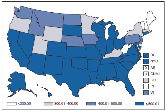 The figure shows the incidence of Chlamydia among women in the United States in 2008. The majority of cases occurred in the South and upper Midwest.