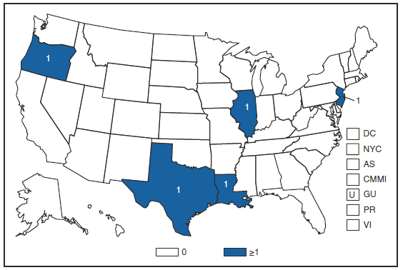 The figure presents the number of reported cases of cholera in the United States and U.S. territories n 2008. Approximately 80% of infections in the United States were acquired during travel abroad. 