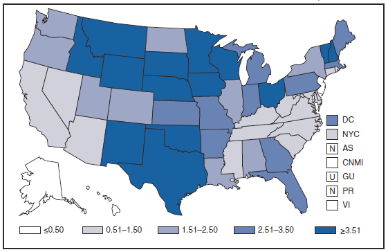The figure shows the incidence of cryptosporidiosis in the United States and U.S. territories in 2008. Cryptosporidiosis is widespread geographically in the United States. Cases typically increase during the summer with increased use of recreational water.