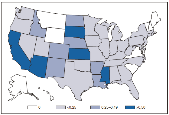 The figure shows the incidence of reported cases of neuroinvasive disease in the United States in 2008. The five states with the greatest number of reported cases were California (292), Arizona (62), Texas (40), New York (32), and Mississippi (22). 
