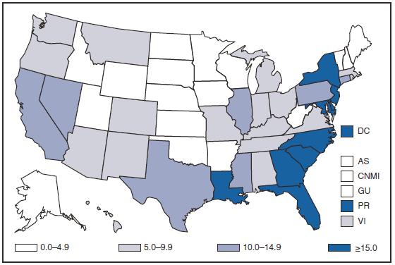 The figure shows the number of AIDS cases in the United States and U.S. territories. The largest number of cases occurred in the southeast and the lowest number in the Midwest. 
