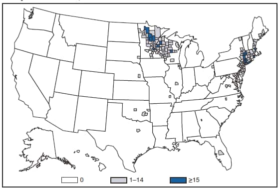 The figure presents the number of reported cases of the anaplasma phagocytophilum ehrlichiosis in the United States, by county, in 2008. Cases are reported primarily in the upper Midwest and coastal New England because of the range of the primary tick vector species Ixodes scapularis. 