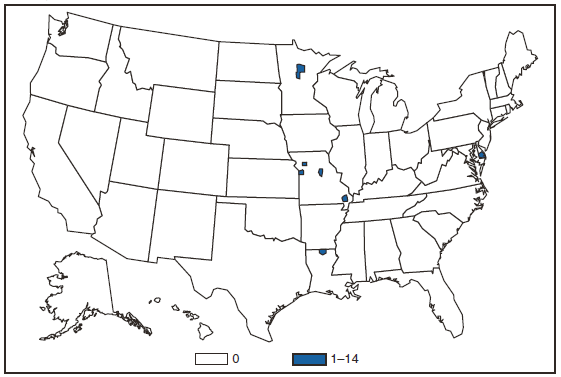 The figure presents the number of reported cases of ehrlichiosis caused by Ehrlichia ewingii. Cases primarily occurred in the central United States.