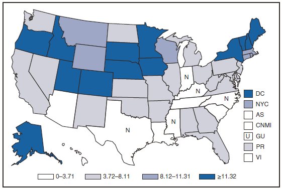 The figure presents the incidence of giardiasis in the United States and U.S. territories in 2008. Giardiasis is widespread geographically in the United States.