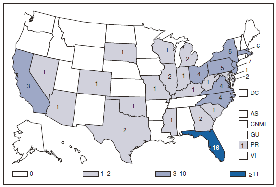 The figure presents the number of reported pediatric AIDS cases (i.e., persons aged <13 years) in the United States and U.S. territories. The largest number (16) occurred in Florida.