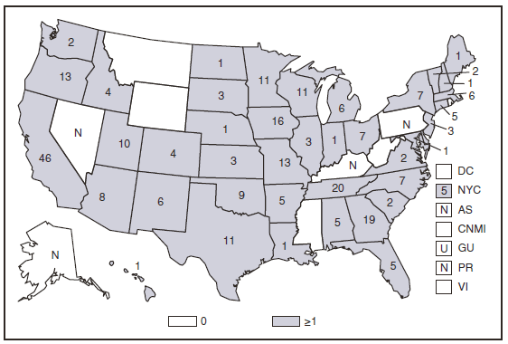 The figure presents the number of reported cases of Hemolytic Uremic Syndrome (postdiarrheal) in the United States and U.S. territories in 2008. Most cases were reported in California (46).