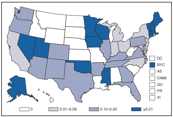 The figure above shows the incidence of Influenza-associated pediatric mortality in the United States and U.S. territories in 2008. Thirty four states and New York City reported 90 influenza-associated pediatric deaths for an overall incidence rate in the United States of 0.12 deaths per 100,000 children aged <18 years.