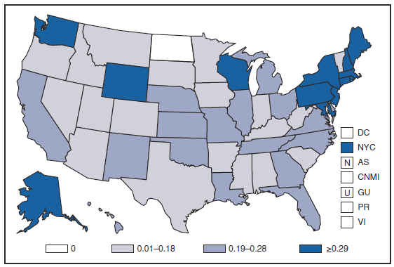 The figure shows the incidence of listeriosis in the United States and U.S. territories in 2008. Incidence is greater in the Northeast, Alaska, Washington, Wyoming, and Wisconsin.