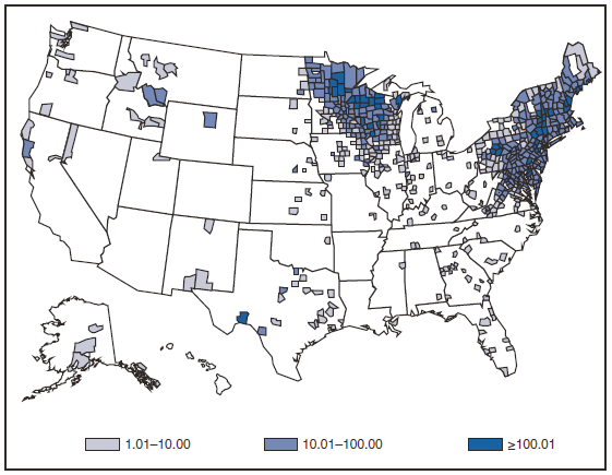 The figure presents the incidence of reported cases of Lyme disease, by county, in the United States in 2008. Approximately 90% of cases are reported from the Northeast and upper Midwest.