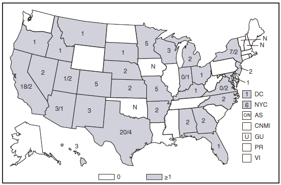 The figure shows the number of reported cases for Q fever (acute and chronic) in the United States and U.S. territories in 2008. The majority of cases were reported in Texas and California.