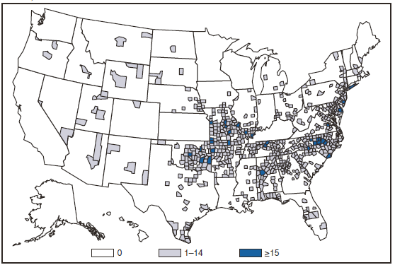 The figure shows the number of reported cases of Rocky Mountain spotted fever, by county, in the United States in 2008. Cases are reported throughout the United States reflecting the widespread ranges of the primary tick vectors responsible for transmission (primarily Dermacentor variabilis in the East and Dermacentor andersonii in the West).
