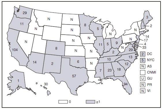 The figure presents the number of reported cases for vibriosis in the United States and U.S. territories in 2008. The majority of cases were reported in California, Florida, and Texas.