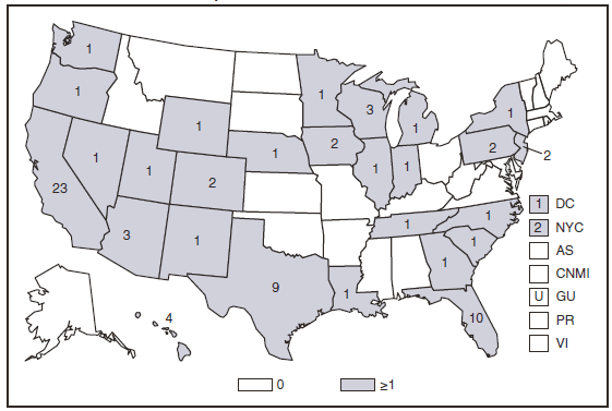 The figure presents the number of reported cases of brucellosis in the United States and U.S. territories in 2008. Cases are more frequent along the southern border states and Florida. The disease remains endemic in Mexico. 