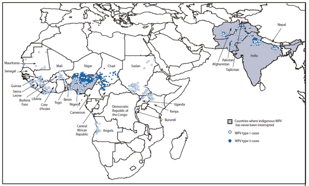 The figure shows distribution and location of wild poliovirus (WPV) cases (N = 1,606) worldwide in 2009. Of 1,606 WPV cases with onset of paralysis reported worldwide during 2009, a total of 1,256 (78%) were from the four polio-endemic countries (Afghanistan, India, Nigeria, and Pakistan), 207(13%) were from 15 previously polio-free countries after WPV importation, and 143 (9%) were from four countries with reestablished transmission (transmission for >12 months after importation).