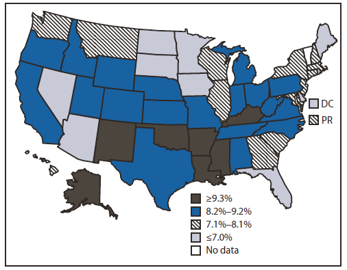 The figure is a U.S. map showing the percentage of adults reporting influenza-like illness (ILI) during the preceding 30 days in the United States during September 2009-March 2010. Adults in Arkansas were the most likely to report ILI (11.5%), whereas those in Delaware were the least likely (5.3%). Among children, those in Oklahoma were the most likely to report ILI (33.4%), whereas those in the District of Columbia were the least likely (21.5%). Health care was sought by 40% of adults and 56% of children with ILI.