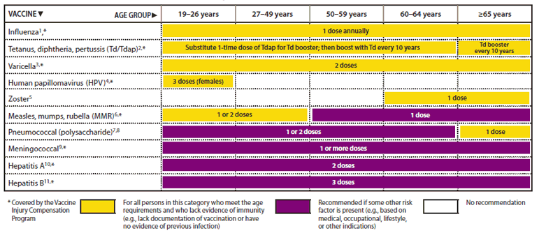 The figure shows the recommended adult immunization schedule, by vaccine and 