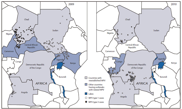 The figure shows cases of wild poliovirus (WPV), types 1 and 3, in countries with reestablished transmission and related cases in other countries in Africa in 2009 and 2010.