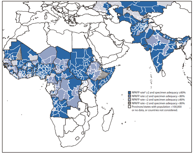 The figure shows combined performance indicators for the quality of acute flaccid paralysis (AFP) surveillance in subnational areas (states/provinces) of 30 current or recently polio-affected countries and neighboring countries in Africa in 2010. In only 18 countries was the standard of ≥80% of AFP cases having adequate specimens achieved in ≥80% of states/provinces in both years.