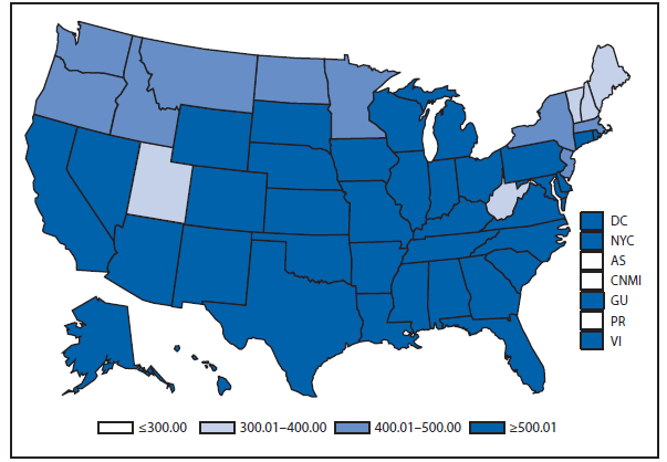 This figure is a map of the United States and U.S. territories that presents the incidence per 100,000 population of chlamydia among women in 2011.
